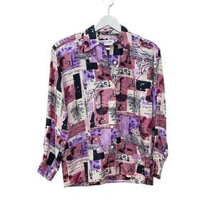 Vintage 90s Kris Dee 100% Silk Sz S Tree Mushroom Leaf Abstract Print Shirt NWT